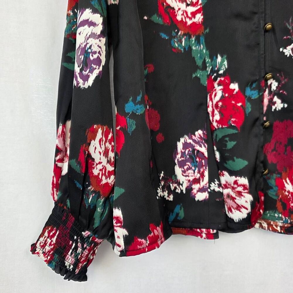 Maurices Rose Floral Peplum Blouse Medium Black - Picture 3 of 9